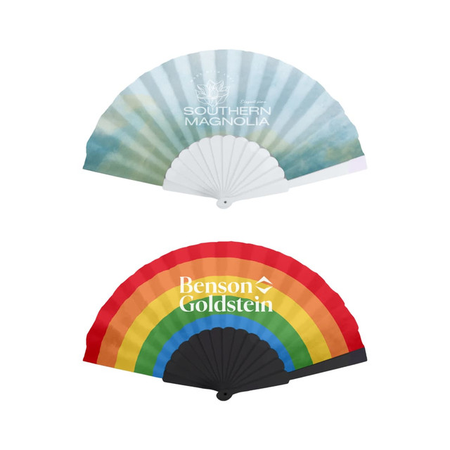 A fabric hand-held fan featuring a gradient design on one side and a vibrant rainbow pattern on the other, with logos.