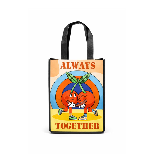 A small tote bag featuring a vibrant design of two cherries with arms and legs, surrounded by a colourful background.