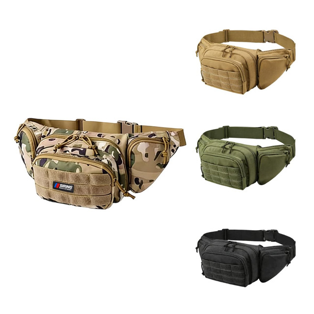 A tactical fanny pack in camouflage, tan, olive green, and black colours, featuring multiple pockets and a logo.
