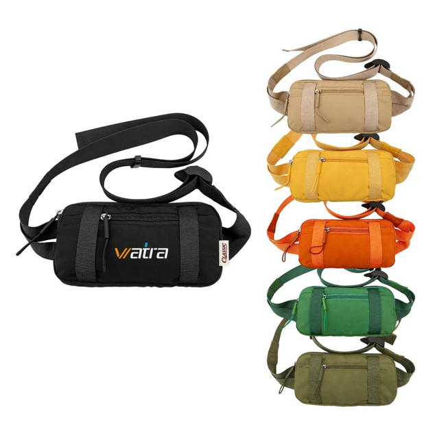 A travel fanny pack in black, with options in beige, yellow, orange, and green, featuring zippers and a logo.