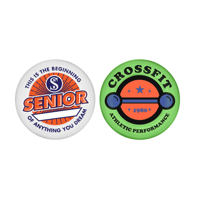 Two round buttons, one white and orange with "Senior" text, the other green and orange featuring "Crossfit" and a design.