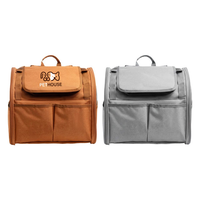 A pet backpack carrier in orange and grey, featuring a logo and expandable design. It has a front flap and pockets.