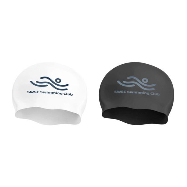 Two seamless silicone swimming caps in white and black, each featuring a logo for the SWSC Swimming Club.