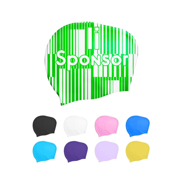Silicone swim caps for women with long hair in various colours: green, black, pink, blue, purple, and yellow. Features a logo.