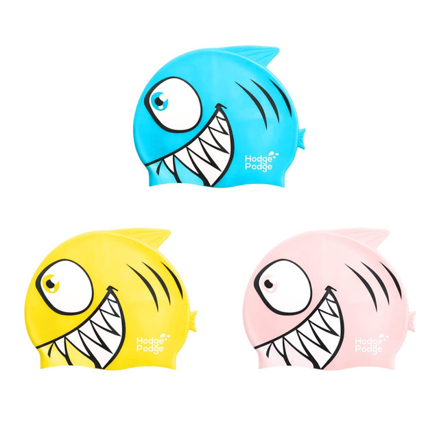 A silicone swim cap featuring a fish design, available in blue, yellow, and pink colours. Contains branding.