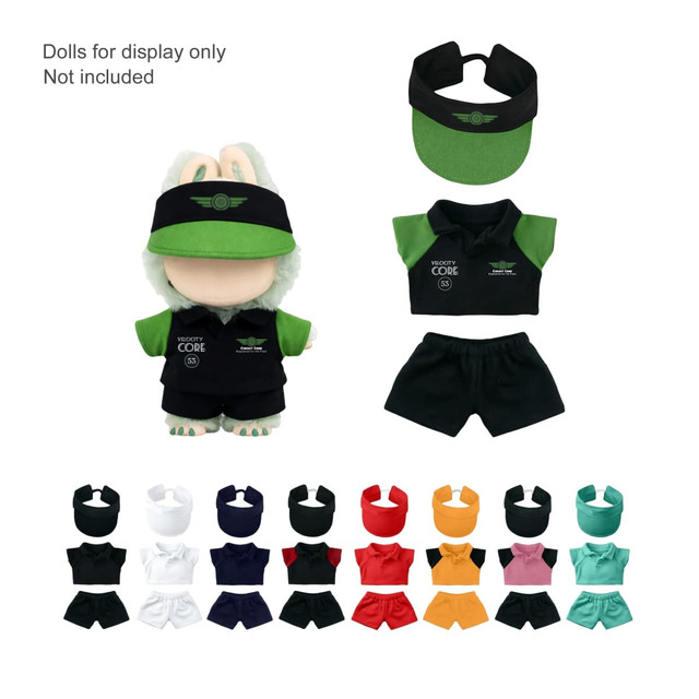 A plush doll racing suit set including a green and black outfit, cap, and various coloured shorts and tops.