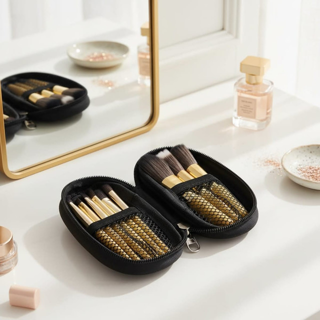 A black case containing nine makeup brushes with gold details, placed on a vanity beside a mirror and various beauty products.