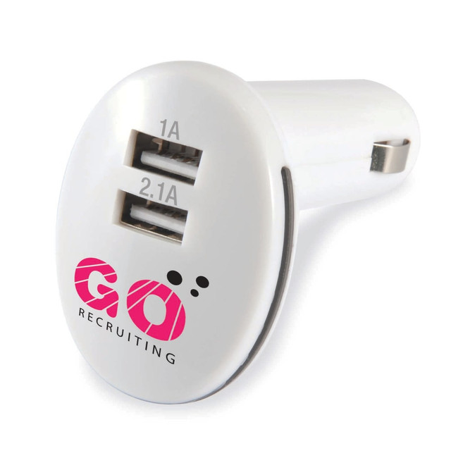 A white USB car charger with two ports and a logo on the side.