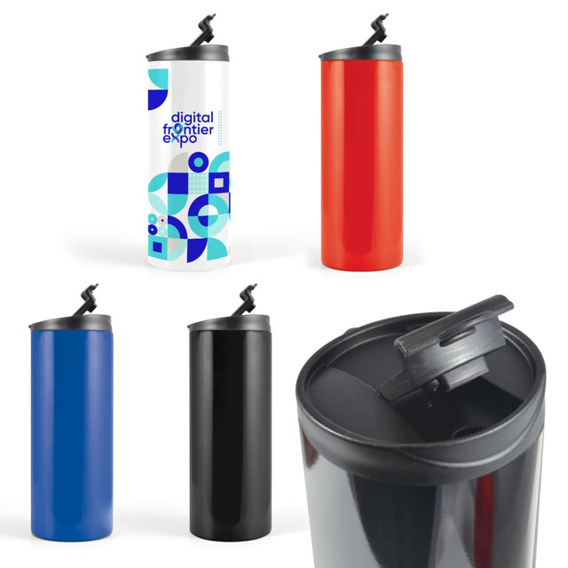 A collection of travel mugs in various colours: white, red, blue, and black, with a lid and a logo.