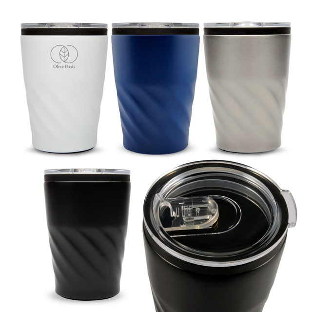 A reusable coffee cup in four colours: white, navy, silver, and black, featuring a twist design and a lid with an opening.