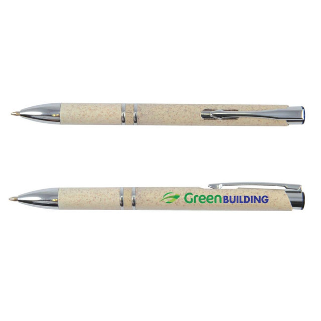 A creamy beige eco pen with a shiny silver clip and a logo on the barrel.