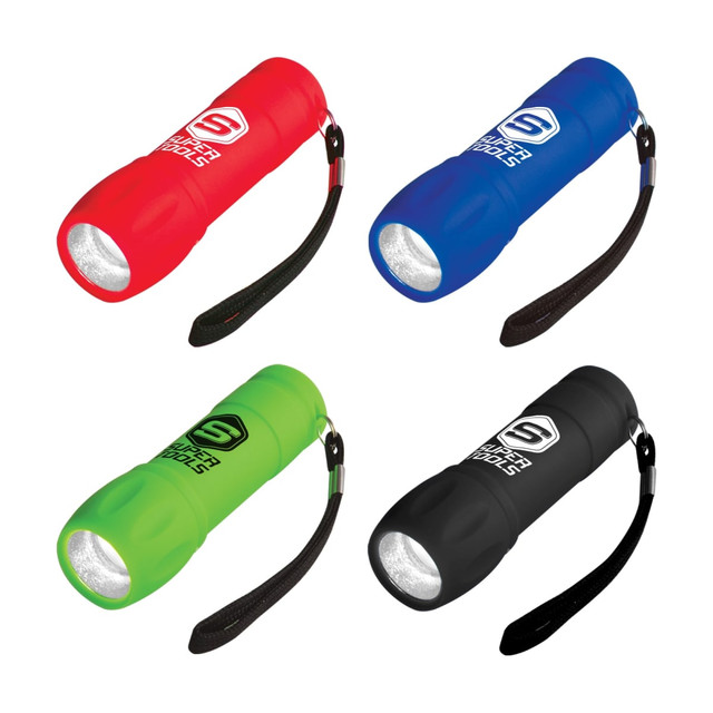 A set of four handheld flashlights in red, blue, green, and black, each featuring a wrist strap and a logo on the side.