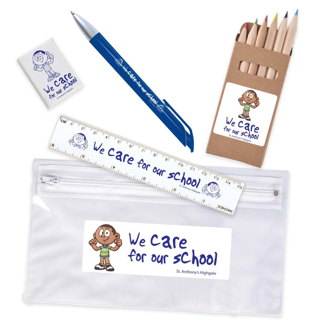 A clear pencil case containing colored pencils, a ruler, an eraser, and a blue pen, all with a logo.