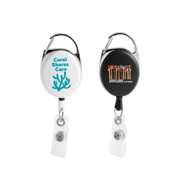 A premium retractable ID badge holder in silver with two different colored sides, featuring logos and clips.