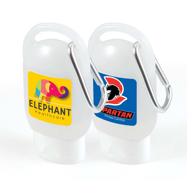 A white gel hand sanitiser bottle with two different logos and a carabiner for attachment.
