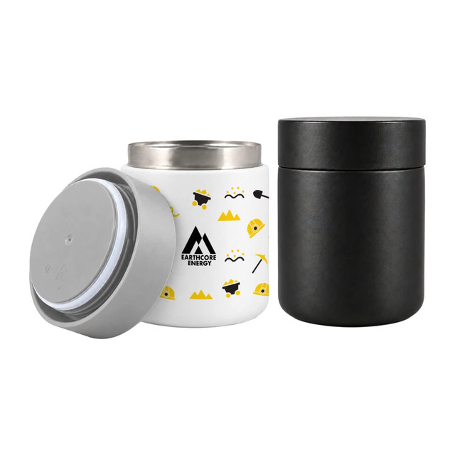 Two food containers are displayed: a white container with colourful patterns and a sleek black container. Both have silver lids.
