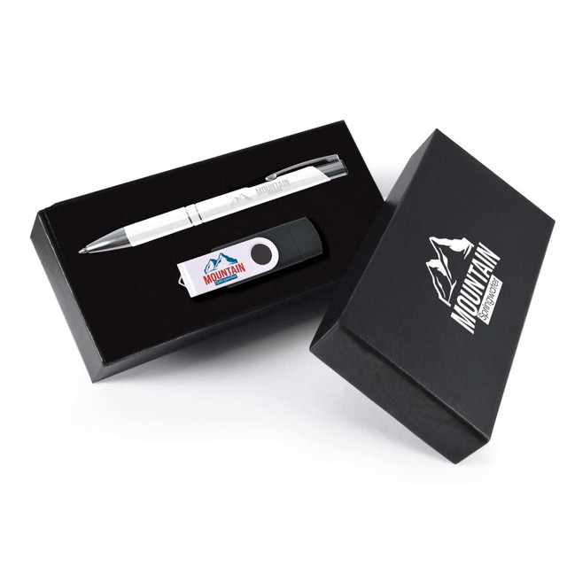 A gift set featuring a silver pen and a black flash drive, presented in a black box with a logo.