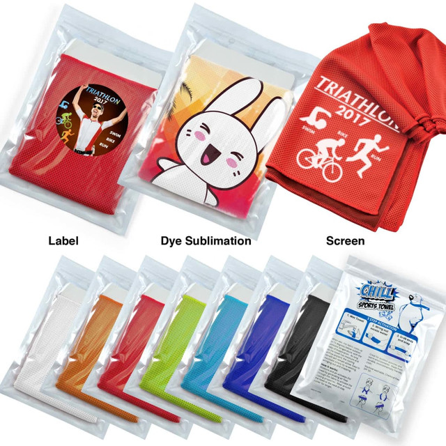 A collection of colorful cooling towels in various shades, packaged in pouches, featuring different designs and a logo.