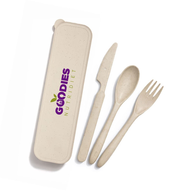 A cutlery set in a cream case, including a knife, fork, and spoon. The case features a logo.