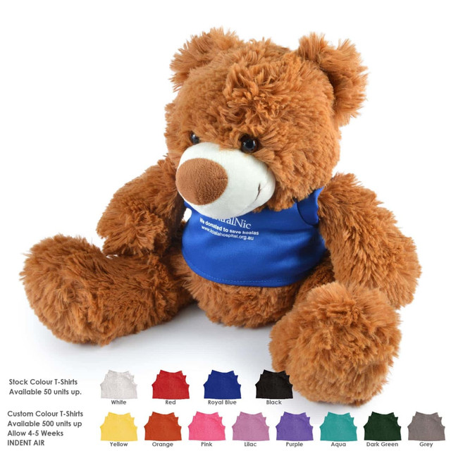 A brown plush teddy bear wearing a blue shirt, sitting next to a color palette of shirt options.