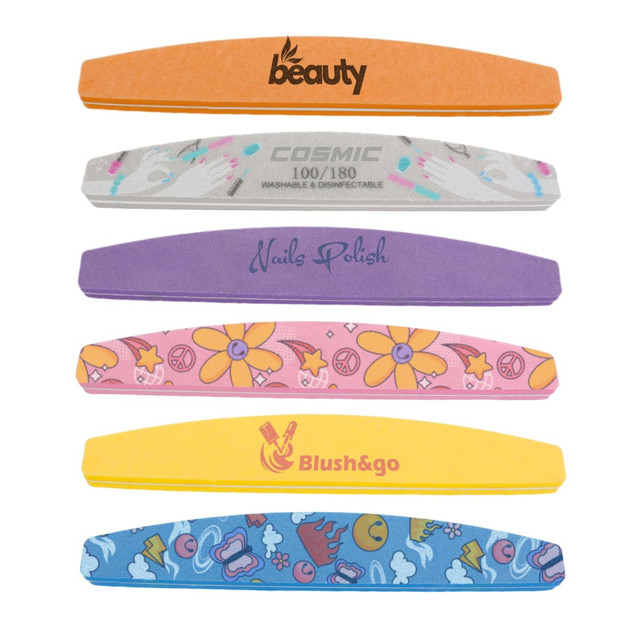 A set of colourful half-moon shaped nail files in orange, grey, purple, pink, and yellow, featuring various designs and a logo.