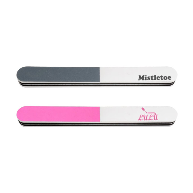 A pack of 10 triple-sided nail files in grey, white, and pink, featuring different printed designs.