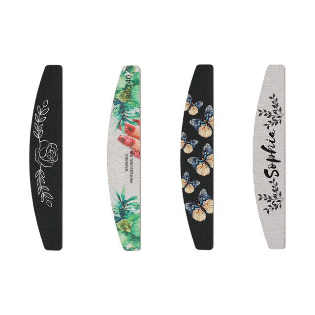 Four half-moon shaped nail files in various designs, featuring floral and butterfly patterns, with a mix of colours.