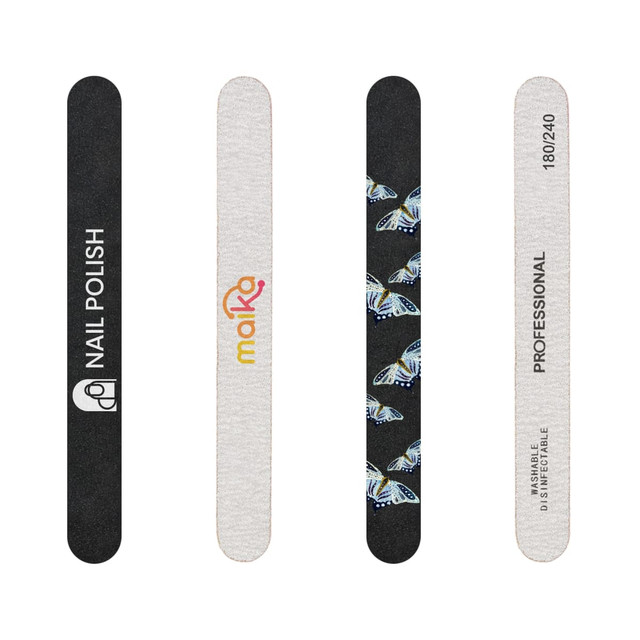 A set of nail files featuring decorative designs and various grit levels, including a butterfly pattern and a logo.