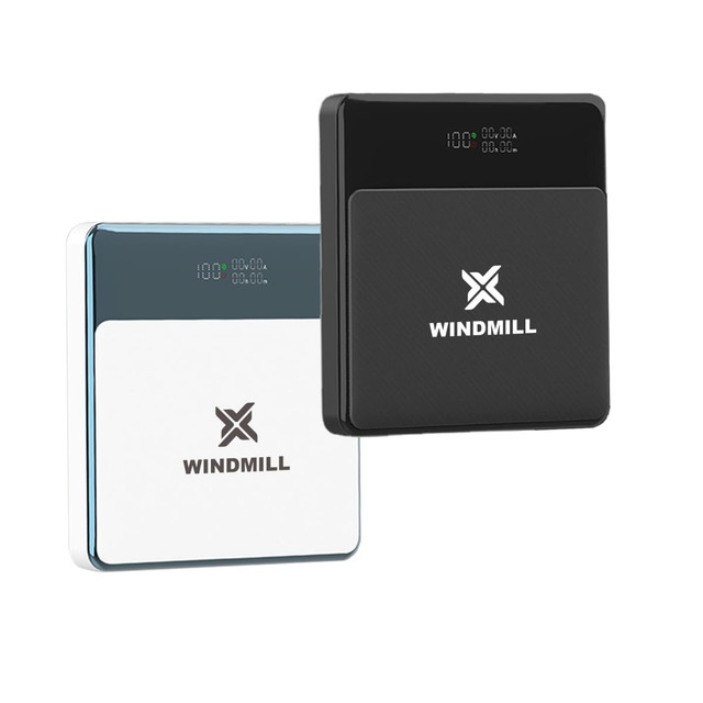 A power bank featuring a sleek design in black and white colours, with a digital display and a logo.