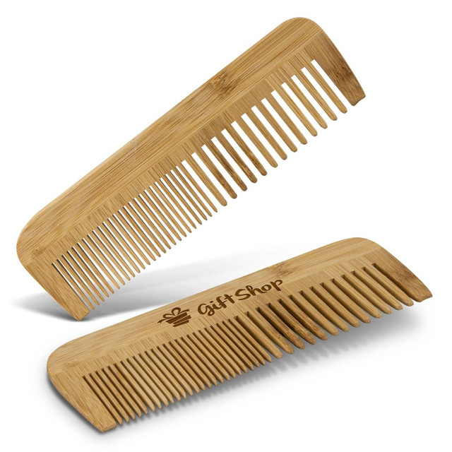 Two bamboo hair combs, one flat and one angled, featuring a logo on the surface.