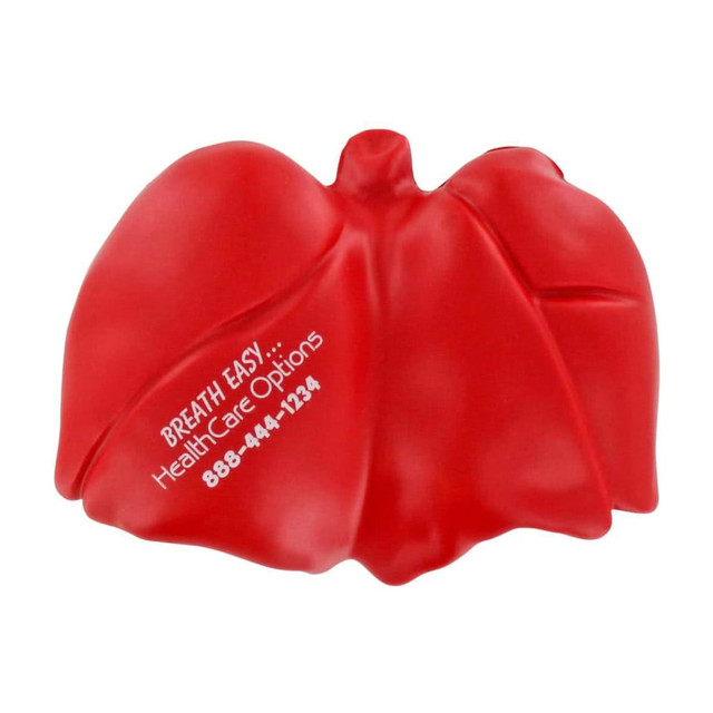 A red lung-shaped stress reliever with a logo, featuring a smooth surface and curved edges.