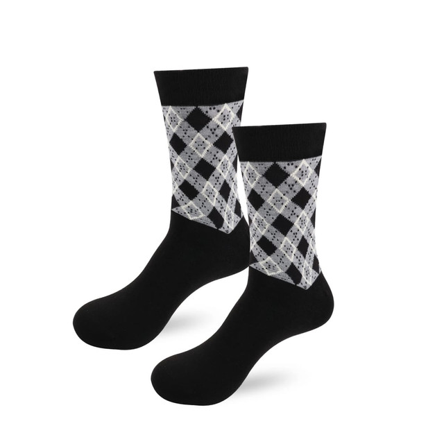 Custom patterned woven bamboo socks in black and white with a towel bottom feature and a logo.