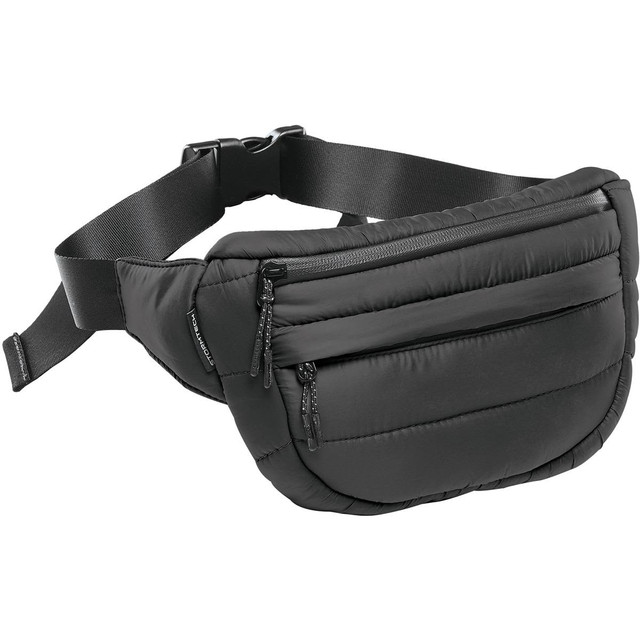 A black quilted waist bag with two zippered pockets and an adjustable strap. It has a sleek, padded design.