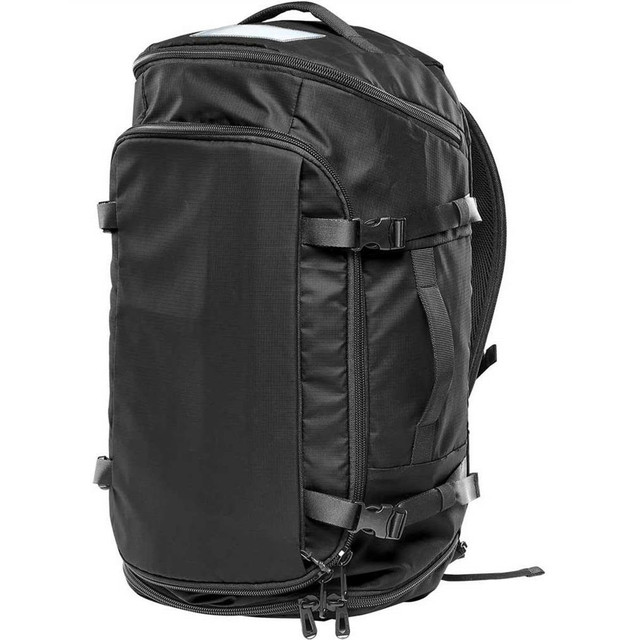 A black duffle bag with adjustable straps and multiple compartments, featuring a logo on the side.