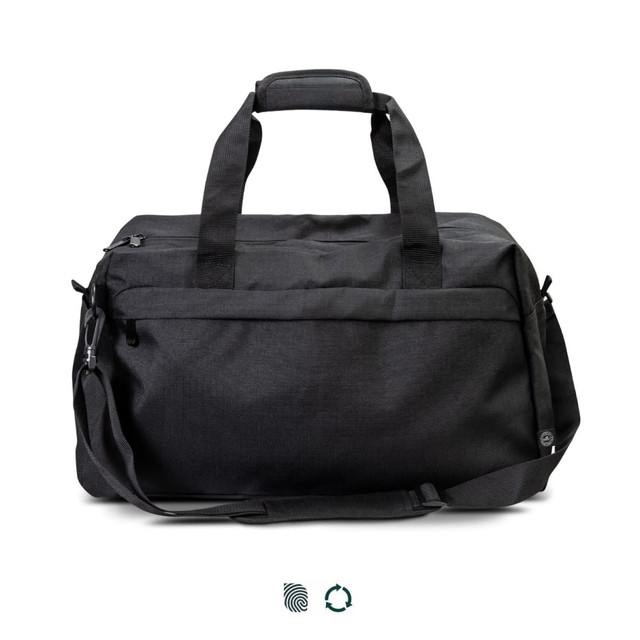 A black recycled duffle bag with dual handles, a shoulder strap, and a logo on the side.