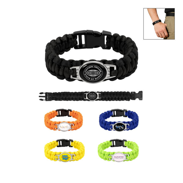 A collection of braided paracord bracelets in black, orange, blue, green, and yellow, each with a themed pendant and logo.