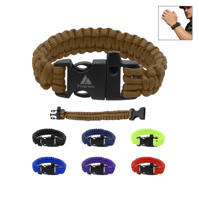 A paracord bracelet in brown with a whistle and a black clasp, displayed alongside various colour options.