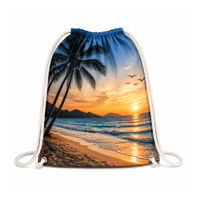 A drawstring backpack featuring a beach sunset design with palm trees, ocean waves, and birds, in vibrant colours.