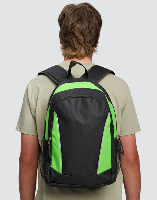 A black and neon green backpack with adjustable straps, featuring a logo and side mesh pockets.