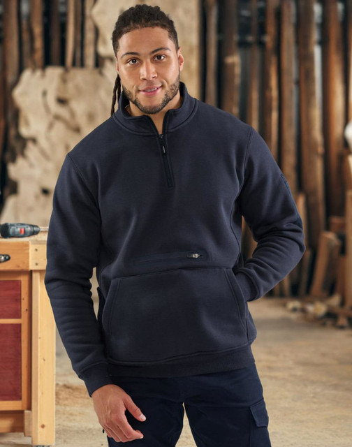 A navy unisex premium fleece half zip work sweat with a front pocket and an embedded logo.