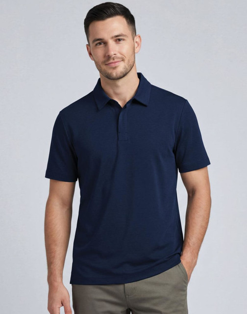 A navy blue men's polo shirt with a classic collar and short sleeves, featuring a logo on the chest.