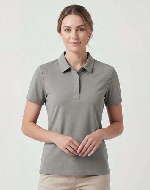 A grey ladies' polo shirt featuring a classic collar and short sleeves, with a logo on the chest.