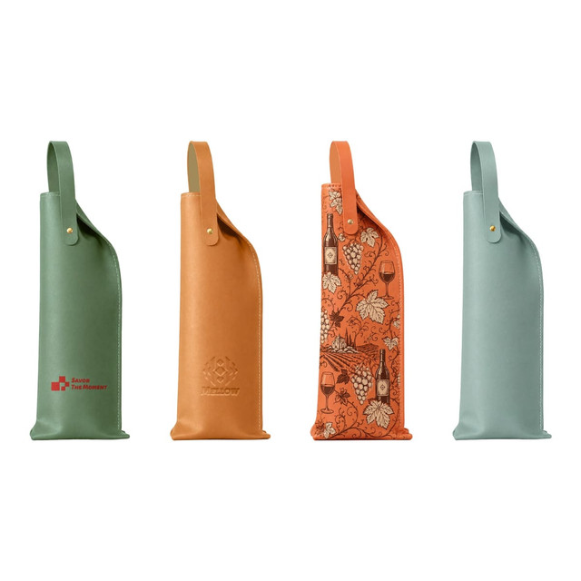 A collection of four elegant PU leather wine bags in green, orange, and two shades of teal, featuring various designs and logos.