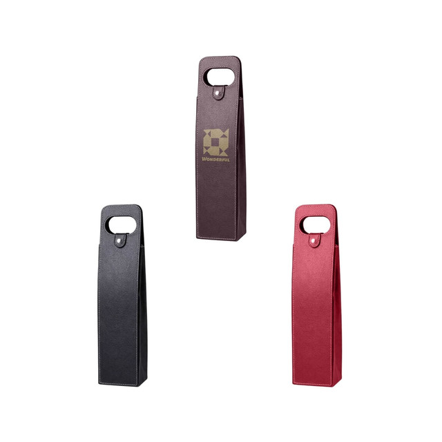 A drink bottle bag in black, burgundy, and red with a handle and a logo.