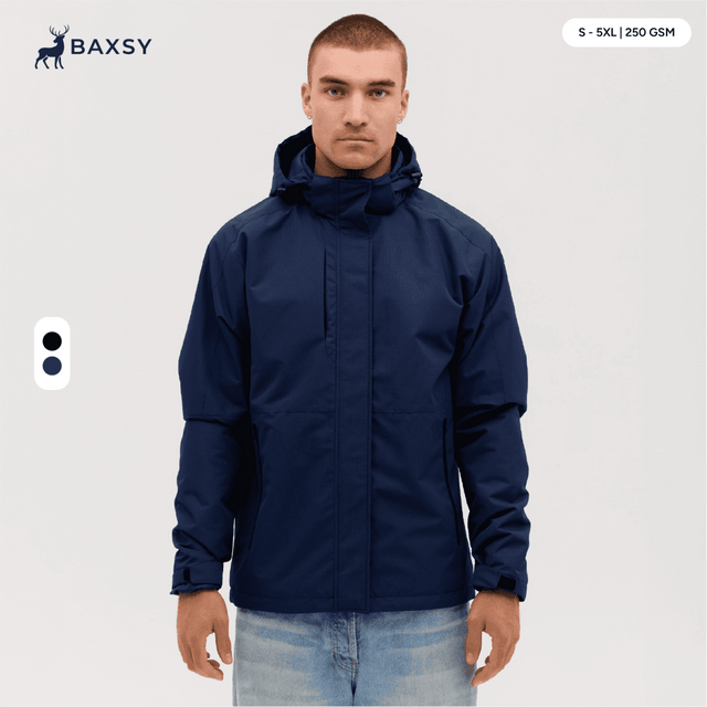 A navy blue utility jacket with a hood, featuring a logo and a front zip.