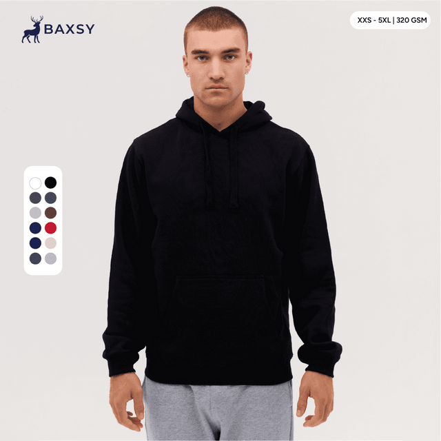 A black hoodie with a drawstring, displayed on a male model, featuring a brand logo. Multiple colour options visible.