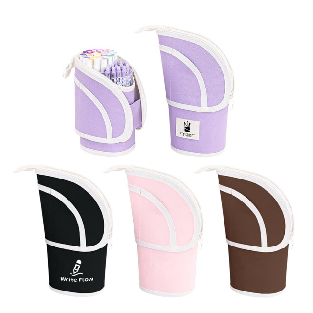 A collection of Oxford Expandable Pencil Cases in lavender, black, pink, and brown, featuring a zip closure and a branding logo.