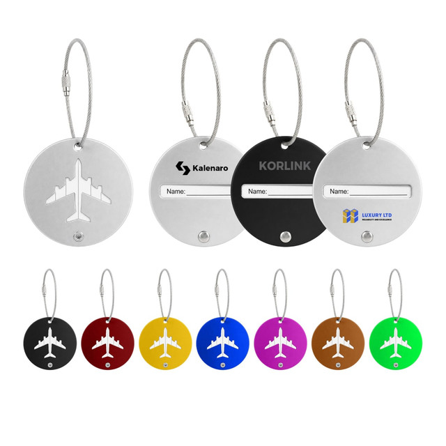 Three round wire cable luggage tags in silver, black, and various colours, featuring a plane design and branding.