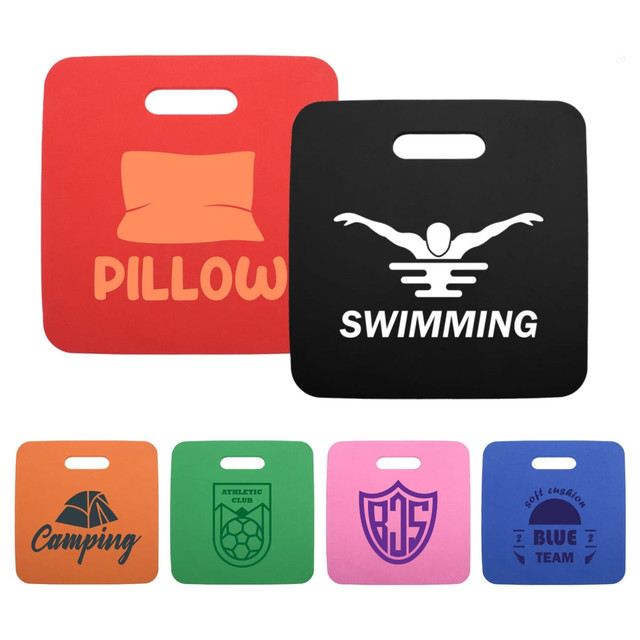 A set of square seat cushions in red, black, orange, purple, pink, and blue, featuring various logos and designs.