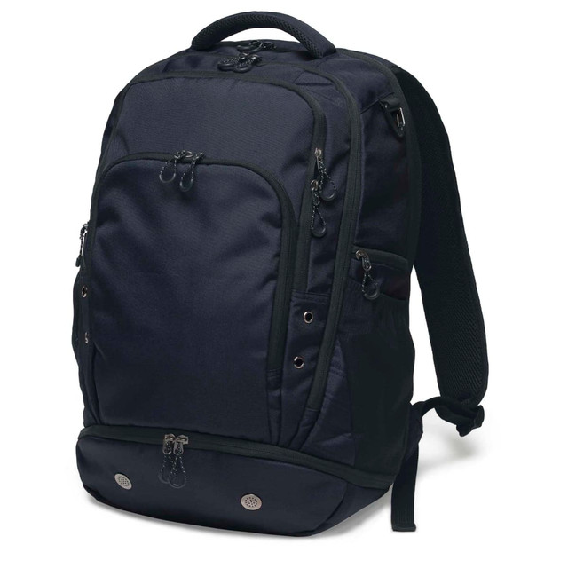A dark navy backpack with multiple compartments and zippers, featuring padded shoulder straps and a logo.